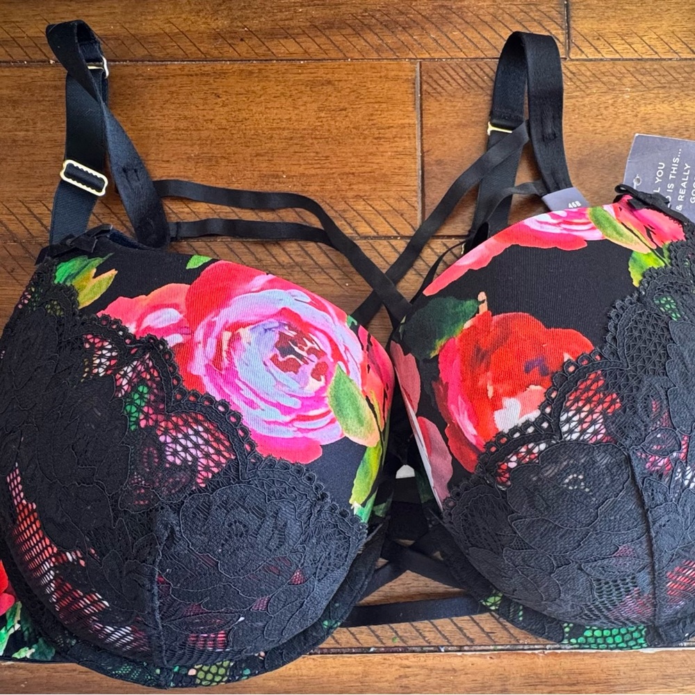 Cacique Black Push-Up Bra with Pink & Red Floral Print